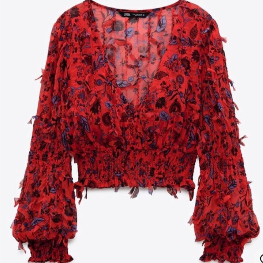 Zara Vibrant Red and Blue Textured Blouse